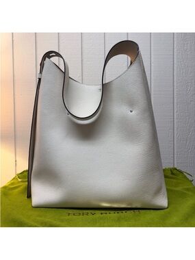 New Tory Burch Romy Pebbled Leather Light Cream White Hobo Boho Bag Purse $495